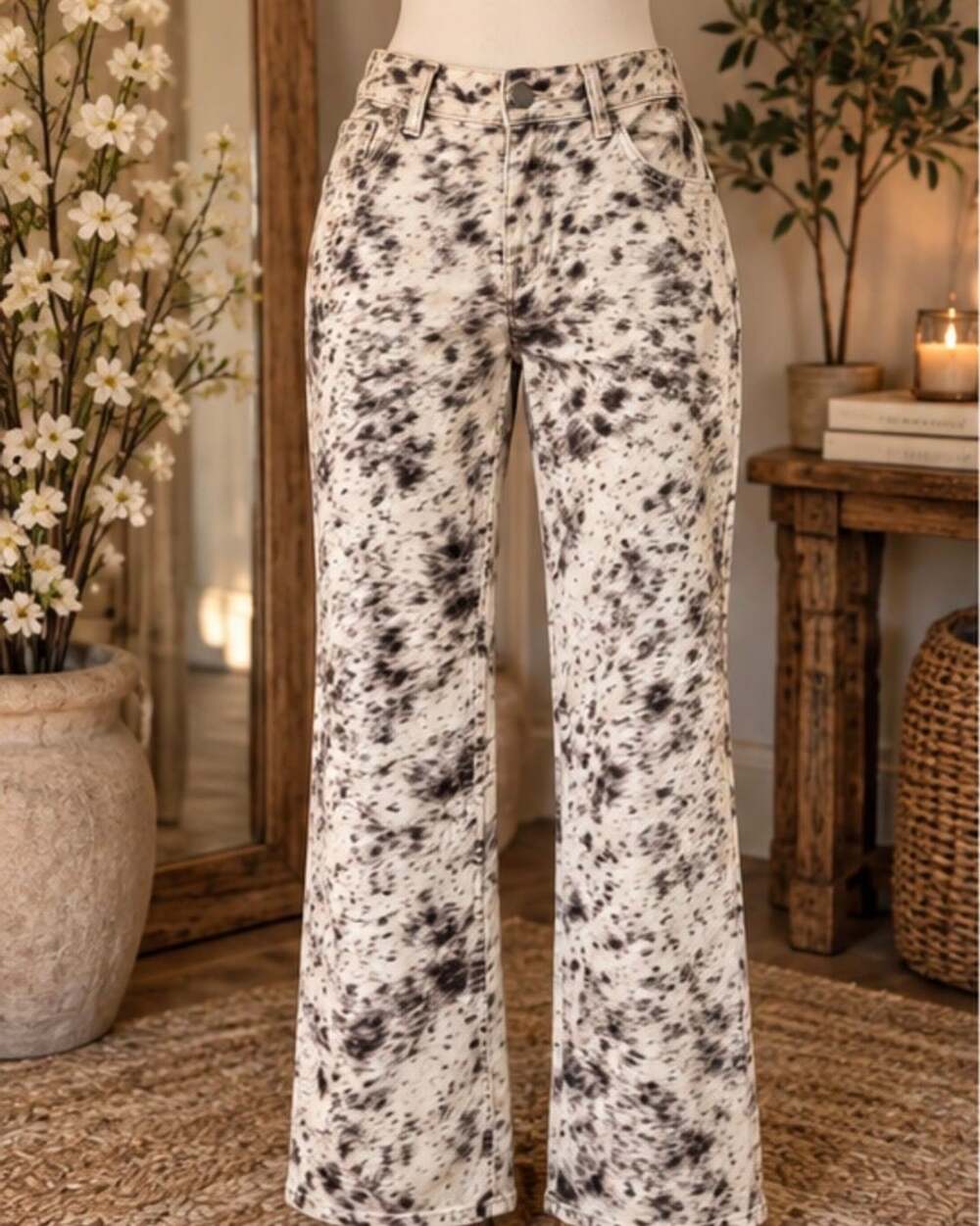 Forever 21 Women's Black and White Animal Print Cow Print Straight Leg Denim Jea